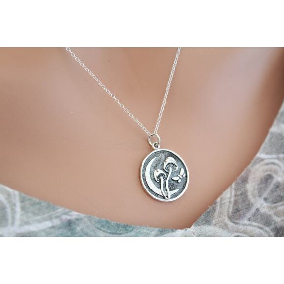 Sterling Silver Etched Mushroom and Moon Pendant Necklace - Picture 3 of 6